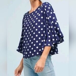 Isla Maude Anthropologie Navy White Polka Dot Top 3/4 Sleeves Lined Sz XS